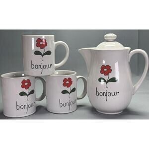 Vintage Bonjour Flower Set of Teapot And 3 Mugs Domain 1980 Made in Japan